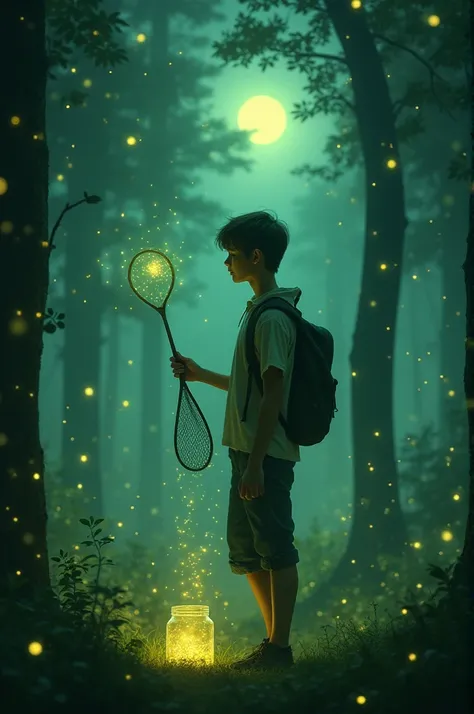  “A young man in a magical forest at night ,  surrounded by countless glowing fireflies that emit a soft green light .  He holds a small net in his hand , trying to capture one of the fireflies ,  while a glass jar partially filled with insects, these lumi...