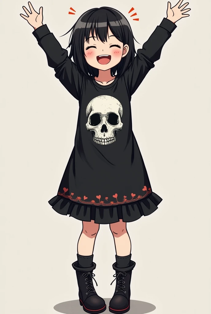 An emo girl with shoulder-length black hair,She wears a black dress with a printed skull and black boots.She is smiling very happy and has her arms up.