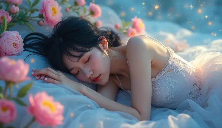 a serene woman with delicate facial features, shining white skin, and beautiful jet black hair lying peacefully on a bed of soft colorful mist, clad in a short, flowing silk nightgown with intricate lace trim and pastel colors, amidst a unique atmosphere V...