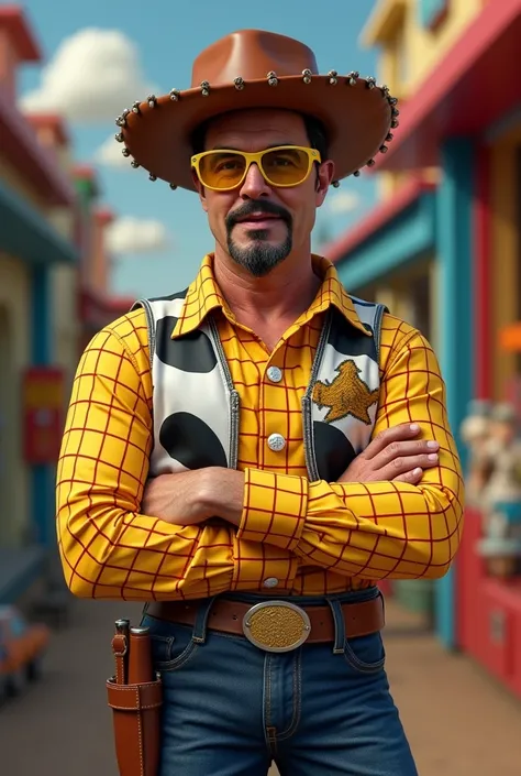 Steven Seagal dresses as woody from toy story with yellow sunglasses and a goatee