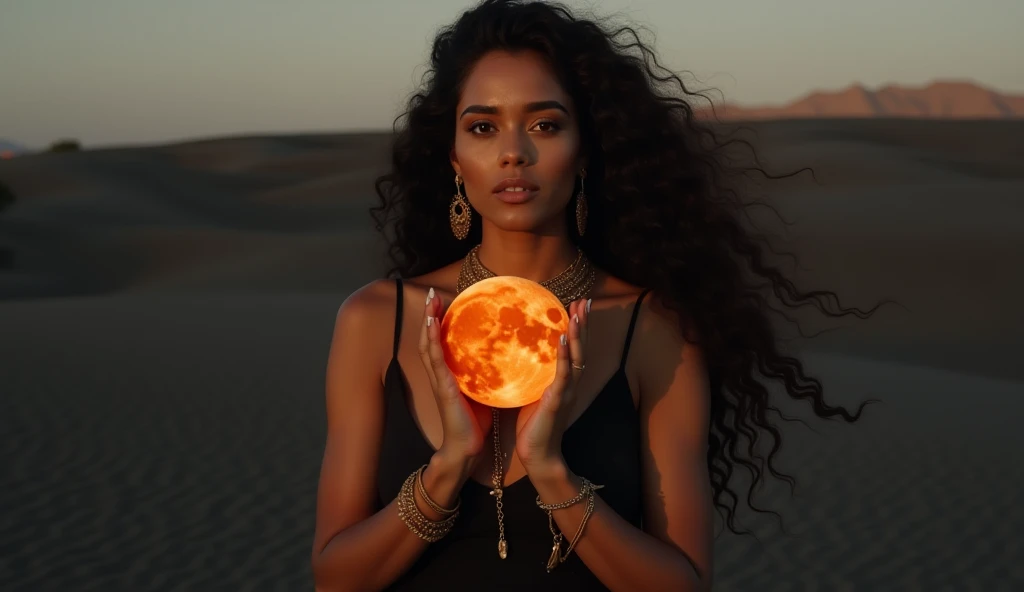  A woman in the desert with black sand {x} A woman in the desert with black sand. She holds the orange moon in her hands. The woman is beautiful ,  She has long black curly hair .  She wears gold jewelry . 