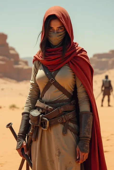 Girl in desert cloth armor, Face to eye covered with a cloth mask, the head is wearing a red hood, which covers his right shoulder on his waist with two short swords