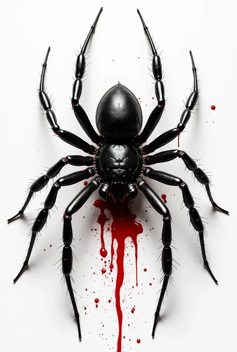  white background,  a black widow spider seen from above. with a bloody appearance and aura 