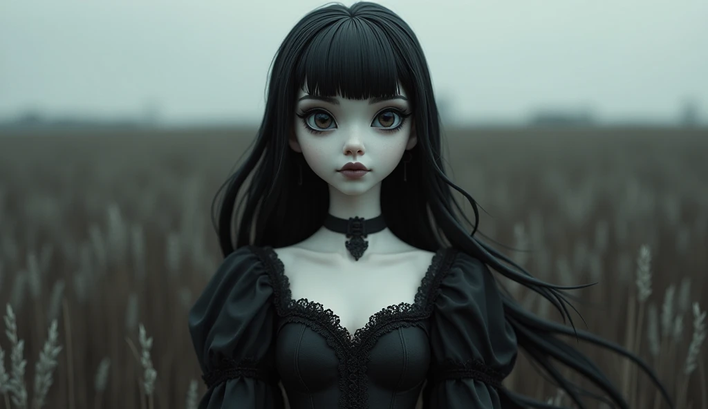 A full-body portrait of a 22-year-old woman designed in a clay stop-motion animation style. She has porcelain-white skin with a smooth, matte clay texture and jet-black hair styled with straight bangs and long, flowing locks crafted from sculpted clay stra...