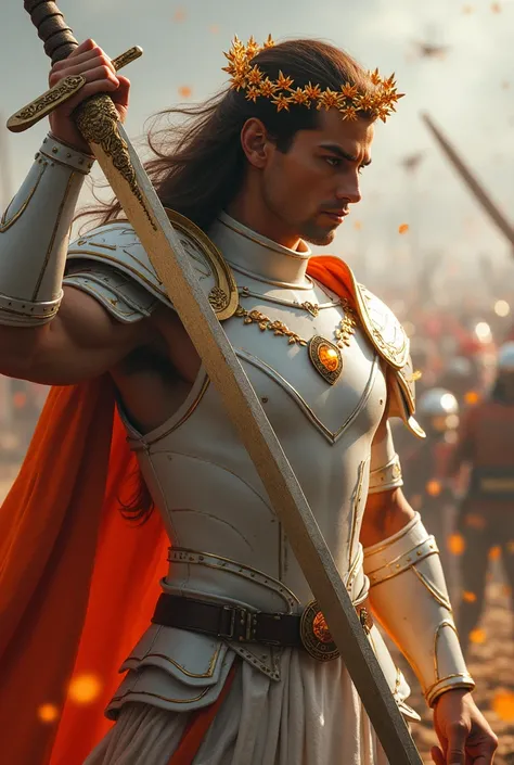 One, handsome, 1 man, gay, with sporty body, V-shaped body, detailed white armor with bright orange details, golden laurel wreath, long hair, brown hair, orange with yellow tones of glowing eyes, threads of fire, in combat position, a man has a large and l...