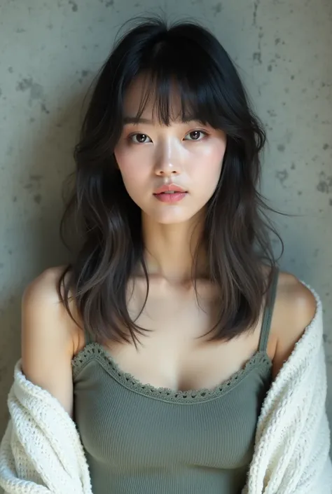  an oriental-looking young woman with a stylish layered haircut .  her hair is long,  smooth and black with a slight greyish reflection under light .  The fringe is cut straight , but a little frayed , falling gently on your forehead,  while the sides of t...