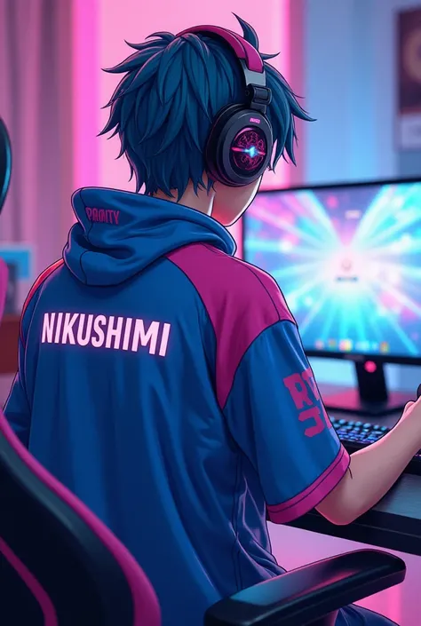 Anime Boy Pro player with a name on his back NIKUSHIMI and the color of his jersey is blue  with pink and the team name is creampies. The design of the jersey is robotic technology playing on his gaming chair priority blue pink color.