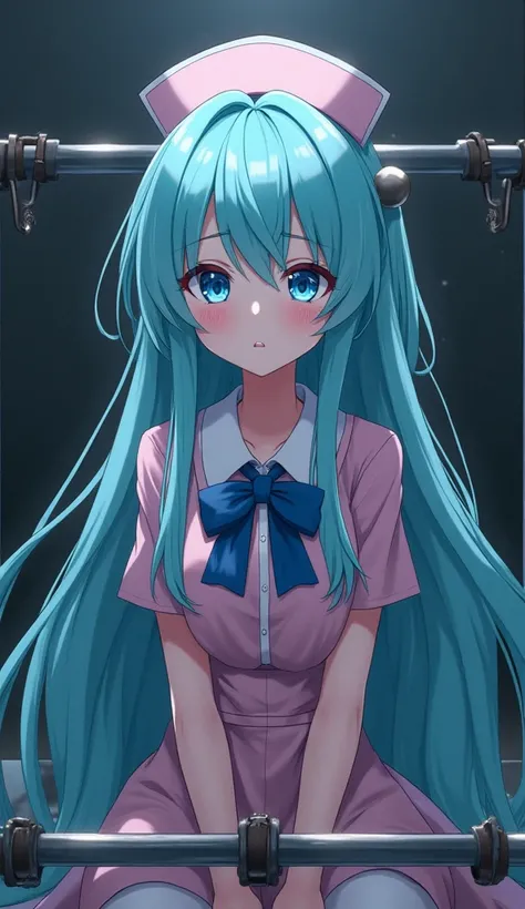 Anime nurse girl with long sky blue waterfall hair aquamarine wearing pink nurse dress blue bowtie ribbon on torture rack