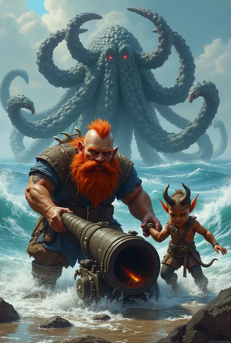 A dwarf with a red beard and a demon boy into the sea who push a cannon with their feet towards a kraken that is attacking them