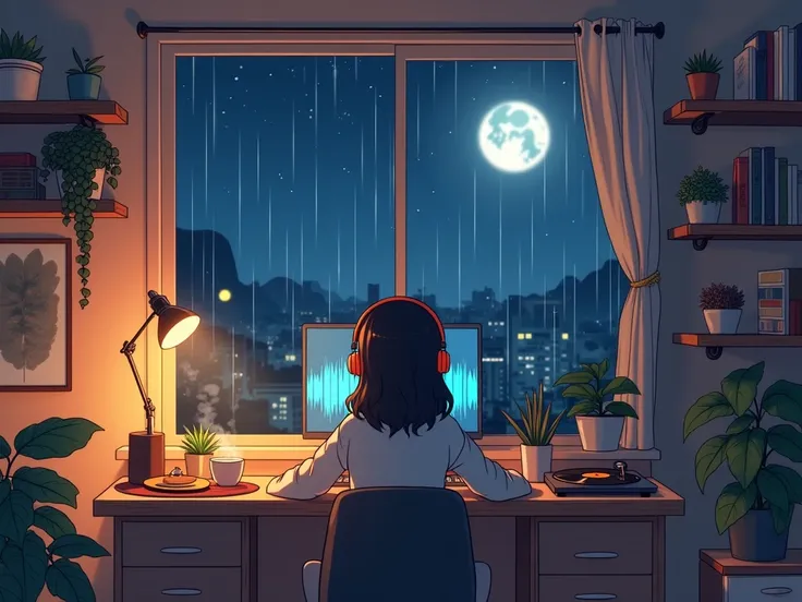 Create a cozy, loopable anime-style scene for a Lo-fi music YouTube channel. The setting is a small, warmly lit bedroom at night, with a large window showing a serene cityscape under a starry sky and a full moon. Inside the room, a relaxed anime-style char...