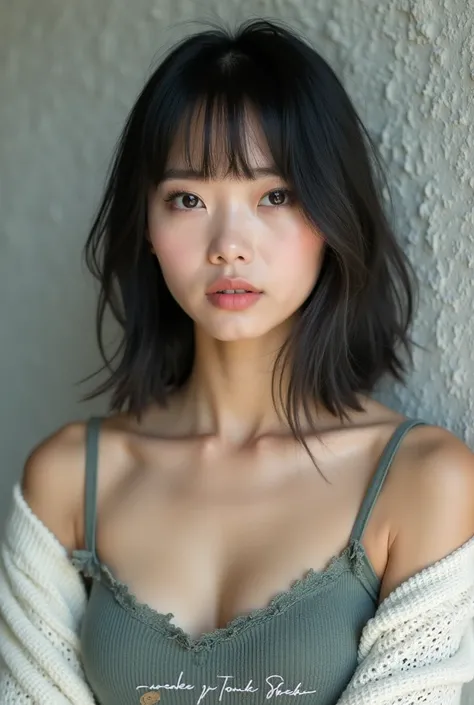  an oriental-looking young woman with a stylish layered haircut .  her hair is long,  smooth and black with a slight greyish reflection under light .  The fringe is cut straight , but a little frayed , falling gently on your forehead,  while the sides of t...