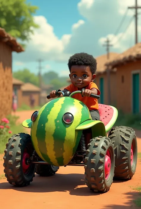 Watermelon quad bike on the side of the road with a black boy sitting in it in an African village
