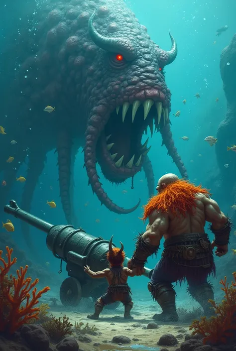 A dwarf with a red beard and a demon boy swimming underwater who push a cannon with their feet towards a kraken that is attacking them