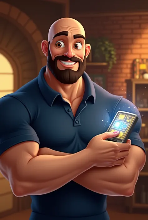 Create a male character in the Disney style,  with striking and expressive features . He must be bald, have a well-groomed beard and a strong and confident physique. His face should convey sympathy and determination,  with large and expressive eyes , typic...