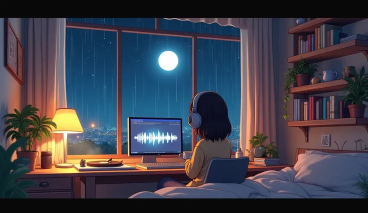 Create a cozy, loopable anime-style scene for a Lo-fi music YouTube channel. The setting is a small, warmly lit bedroom at night, with a large window showing a serene cityscape under a starry sky and a full moon. Inside the room, a relaxed anime-style char...