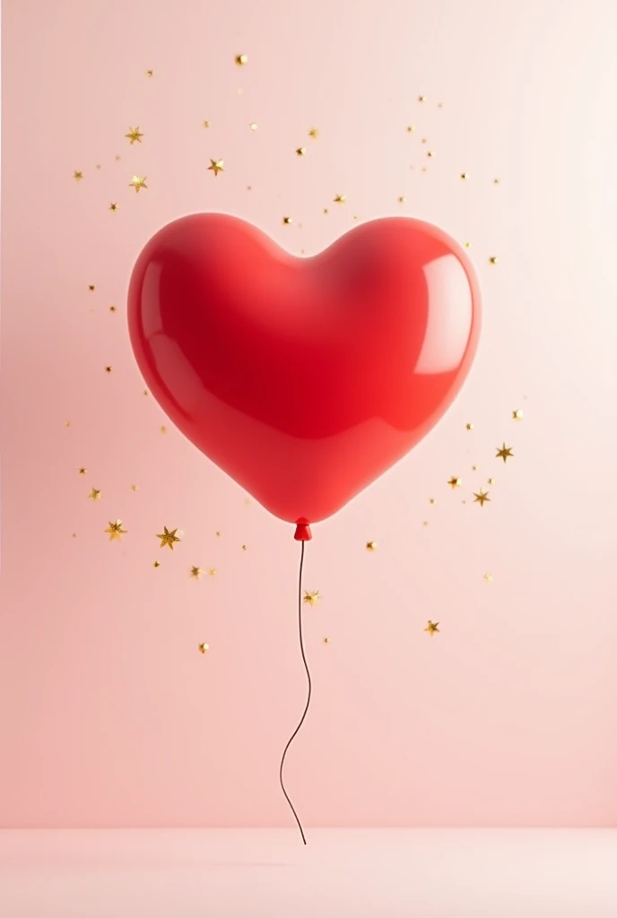 A floating red heart balloon with a soft pink gradient background, delicate golden sparkles surrounding the balloon, minimal and modern aesthetic