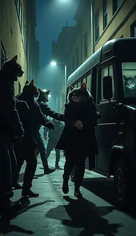 A masked gang of anthropomorphic cats abducting a key witness in a dark, narrow street. The witness struggles as they are forcefully dragged into a black van with no number plate. One of the nappers holds a gun, while another quickly closes the van door. I...