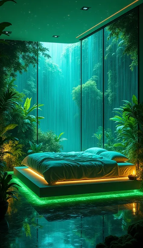 A surreal fusion of futuristic technology and natural beauty, this cyberpunk rainforest bedroom blends neon aesthetics with lush greenery. The room is illuminated by soft green and blue bioluminescent lights, reflecting off sleek, modern furniture. A float...