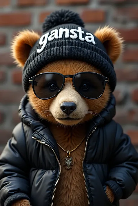 A medium shot of a baby bear with a gangsta rap style. The baby bear is wearing a black beanie with the word "GANSTA" written in white. The baby bear is also wearing a pair of sunglasses. The background is a brick wall.