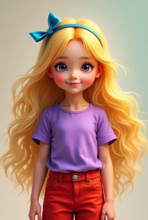 a girl.The girl wears a blue ribbon in her hair. The girl has yellow hair. The girl has red pants and a purple shirt