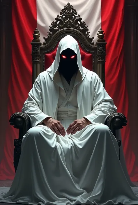  A man sitting on a throne in white clothes, The face hidden by the shadow of his hood with red eyes with the flag of Lebanon in the background 