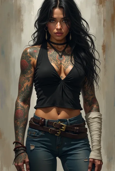 Create a muscular goth woman filled with tattoos, She's wearing jeans with a black blouse,  she is wearing bandages on her hand because she is a fighter her hair is long,  in black and next to her is a young woman with white hair and brown skin Create the ...