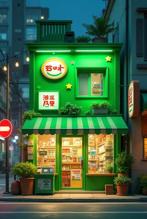 Create a clear image of the façade of an animated convenience store illuminated in all green with a sign to display information 