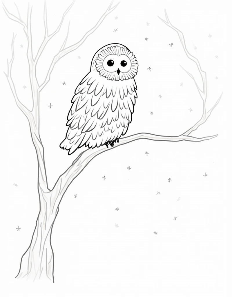 Make A Snowy Owl Sitting on a Frozen Tree Branch in a Winter Forest – A fluffy, wide-eyed owl, perched on a thick, frosty branch, with bold snowflakes falling and icy trees behind it. everything done like bold line art. coloring page