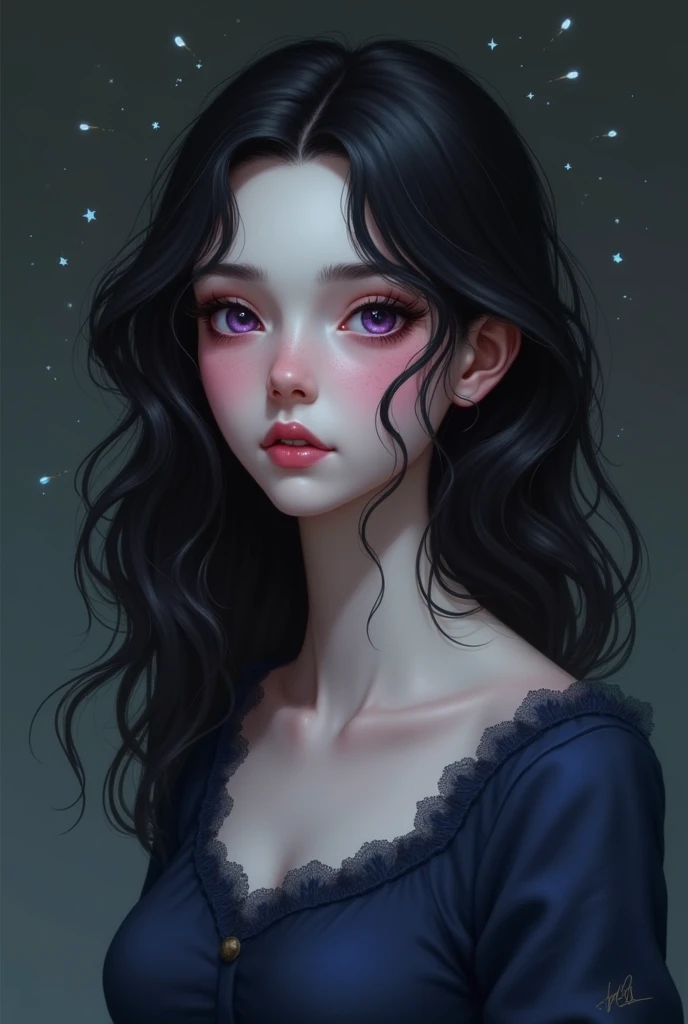 16-year-old female vampire , realistic 
Look : pale skin, purple eyes,  black-haired ,  wavy hair,  pink lips, cheeks with a pastel pink ,  a few freckles on their cheeks
Old navy blue dress
Pose:  looking straight ahead,  left hand on her side with small ...