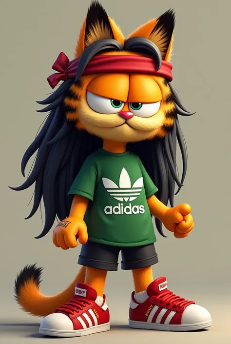 The Garfield cat with long hair in black, with a red headband with a barbed handle on the arms, men's earring in gold ears and a stylish green t-shirt and a black short, with red Adidas sneakers and 2 sexy girls next to her , Realistic girls