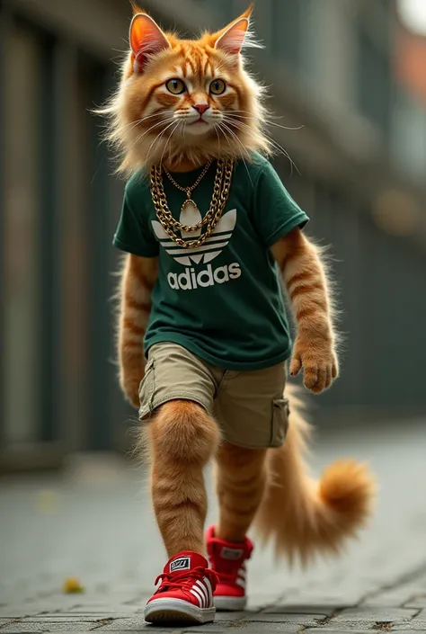 A garfiel cat with long hair short green t-shirt black full of chains around the neck on the side two beautiful girls sexisen good quality red Adidas sneakers with barbed handles very rude walking in profile
 