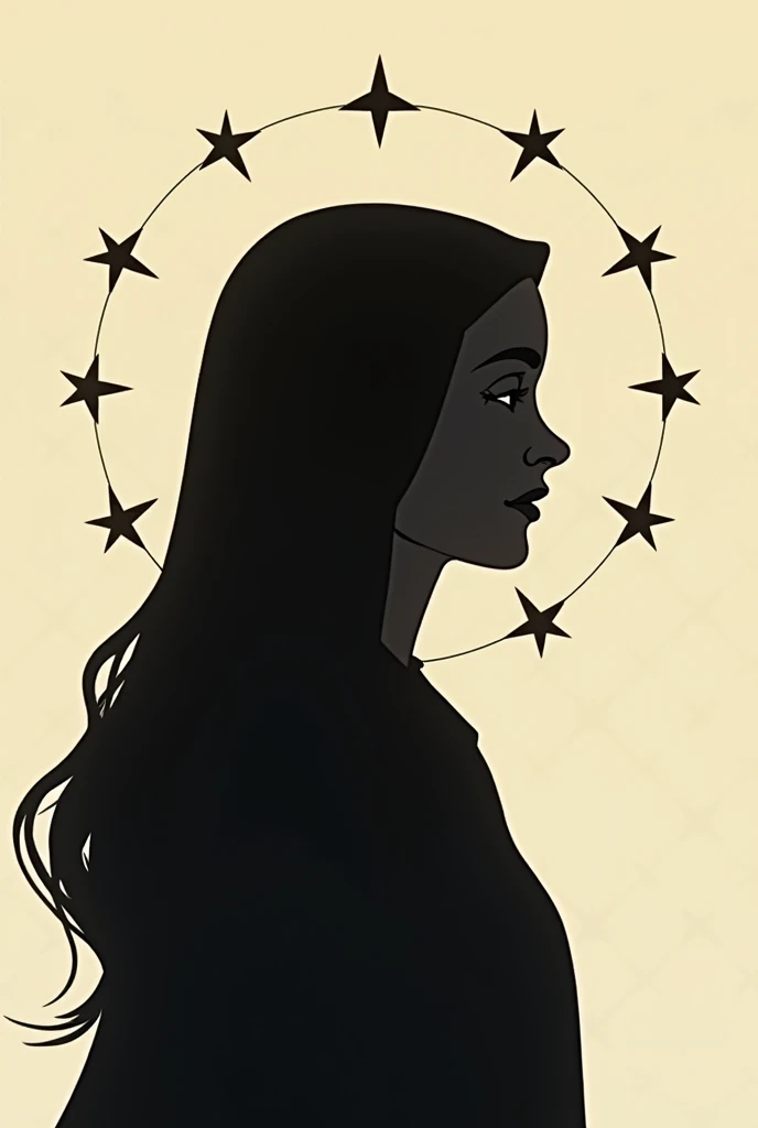 Make the BLACK SILHOUETTE of Mary Help of Christians in profile looking to the right and with simple stars ( not exaggerated )  around her upper circular aura with her hair flying , Animated that is not realistic  