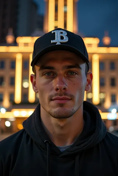  Photographic image of a 27-year-old ,  athletic man with short hair,  maybe ,  wearing a baseball cap ,  blue eyes . Art Deco style,  phosphors in front of an Art Deco building in Moscow , For example, hotels  "Radisson Royal Hotel". aesthetically pleasin...