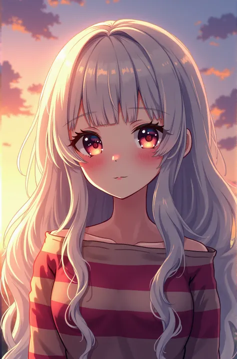  masterpiece striped sweater， Dazzling colored light ， ultra detailed ，une fille，grands yeux，tulipe，Extra long curly long hair， Blond-white hair ， A fascinating adventure ， dawn sunset ， face close-up ， bare shoulders，Dream and beauty ， Thick character pai...