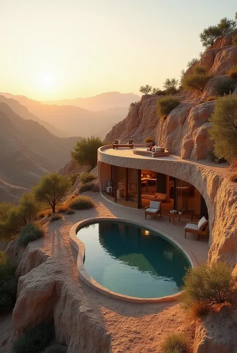 Make a house in Jordan beside Dana reserve but make it under the ground and a small swimming pool on the roof and a sunset view 