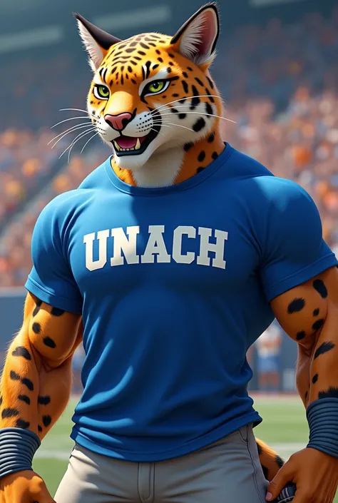 A school mascot that is a muscular ocelot and wears a blue t-shirt that says UNACH