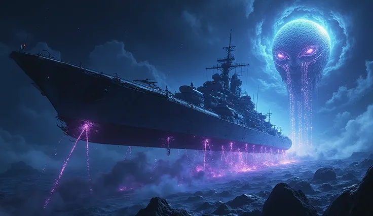 "A colossal human warship floats in deep space, breaking apart as reality itself distorts around it. Strange, otherworldly energy waves ripple through the void, warping space-time. In the distance, an eerie alien hive mind presence emerges, glowing with pu...