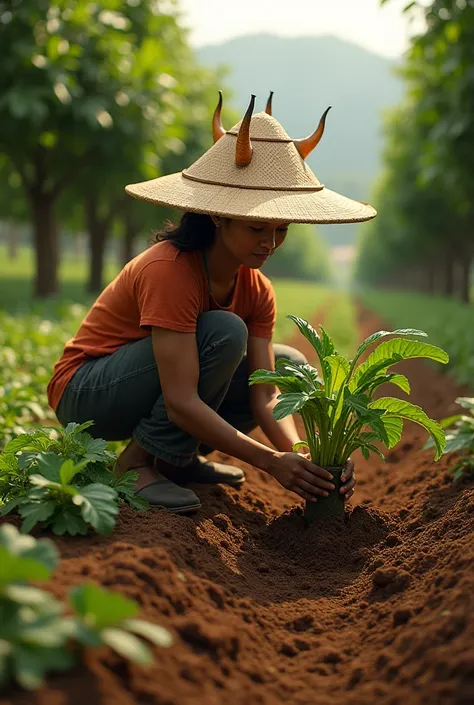 Farmer wearing a hat with horns planting a yuca in an orchard