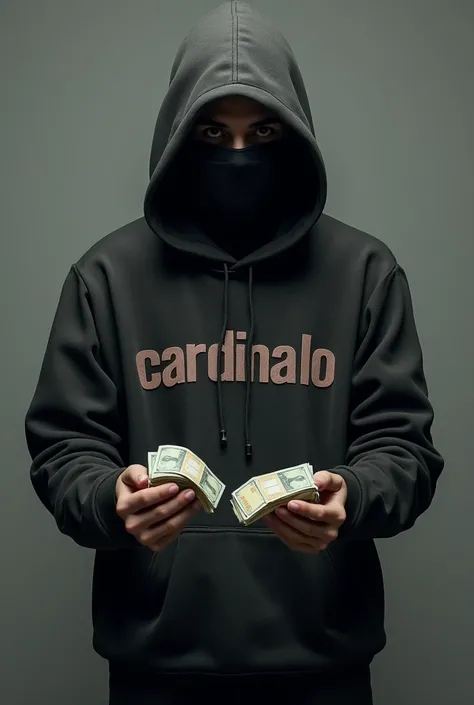 Create a masked man with money in his hands, the sweater must be written "Cardinalo"