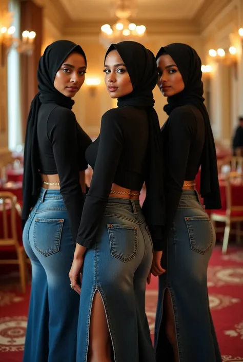 Photo with 3 hijab girls with high heels, Waist chain, slim waist, denim  tight maxi in skirt, looking back, make up, hazelnut ass, bellydance, wedding hall 