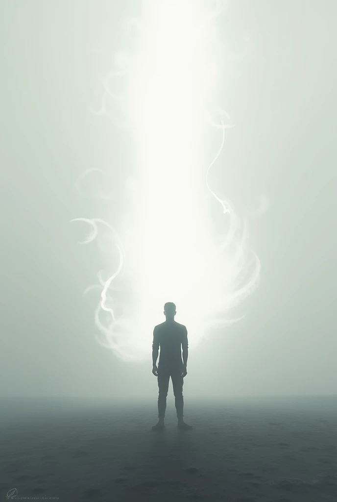 Make me an image a man standing on an open plain which is grey floor and a white light is behind him and around him is fog. So he will be a silhouette 