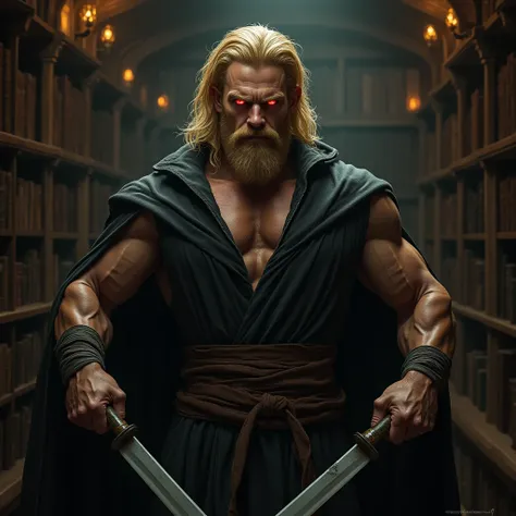  a muscular man with blonde hair. He has two machete in his hands. .  His eyes are glowing red, giving him an intense and mysterious look. . He wears a flowing witch's robe, has a beard and is in a library full of magic books