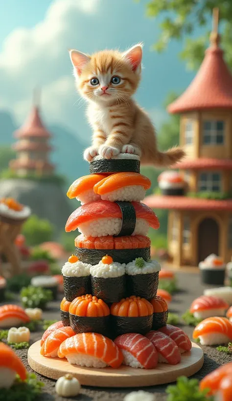  How much sushi on a head

The kitten I'm putting on　Sushi Tower Realistic Photo Image 　The kitten is standing 　Background A house made of sushi