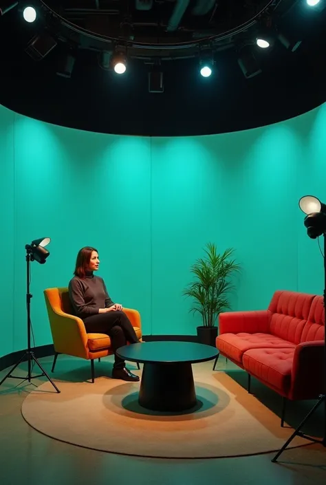 Generate a cinematic podcast studio with an infinity wall with these green/red 3 seater with one single sleek mustard seat for the host and a black center table 