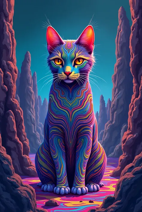 An illustration of a psychedelic cat with rock