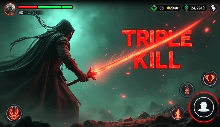 "A dark shadow warrior with a glowing red sword slashing through enemies in an intense battle. The background is mystical with green and black tones, and dynamic combat effects like damage numbers and skill icons are visible. The words 'Triple Kill' appear...