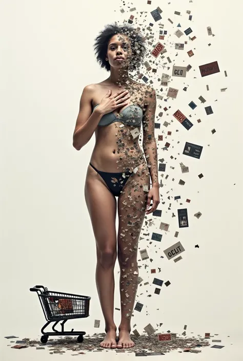 On the right, show a body fragmented, as if it’s being pulled in different directions. The image can feature abstract elements to symbolize commodification, objectification, and sexualization. For example, a body torn into parts, perhaps with a shopping ca...