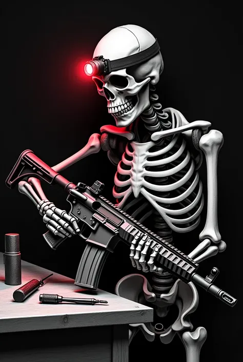 Make me a logo for the Armourers department. 

The logo should be a skeleton fixing an AR style rifle with hand tools. The Rifle should be on a work bench

The image should be black and white. The skeleton should be wearing a headlamp giving out red light