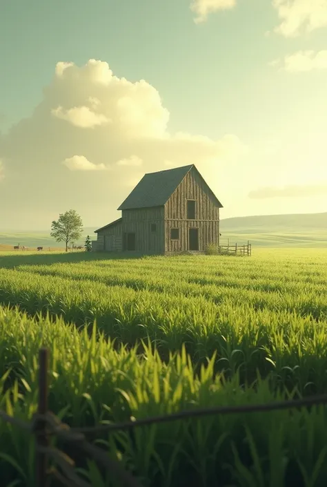 Create a nice but simple image of a rural farm house in the middle of crop field..