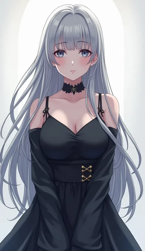 Female anime character from a visual novel,  long gray hair,  of foot,head on, cuerpo completo.  white room background  